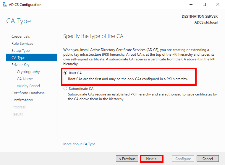 Windows window of ADCS role configuration when choosing CA installation type (here Root CA is checked).