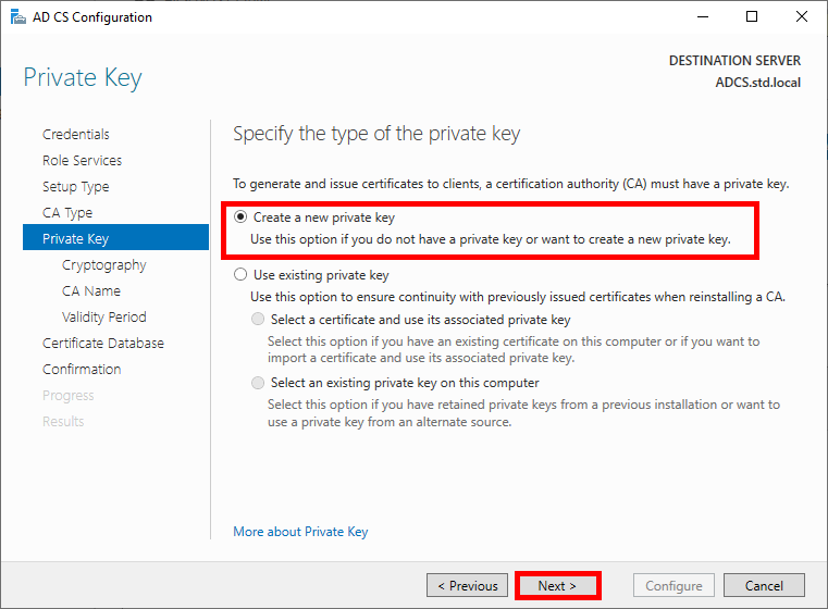 Windows window for ADCS role configuration when choosing the private key type