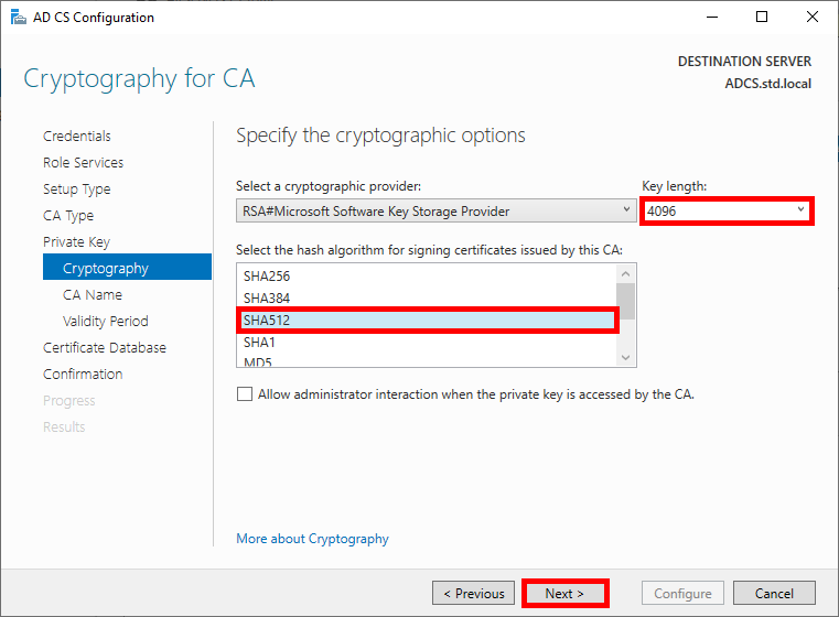 Windows window of ADCS role configuration when setting key size and cryptographic algorithm