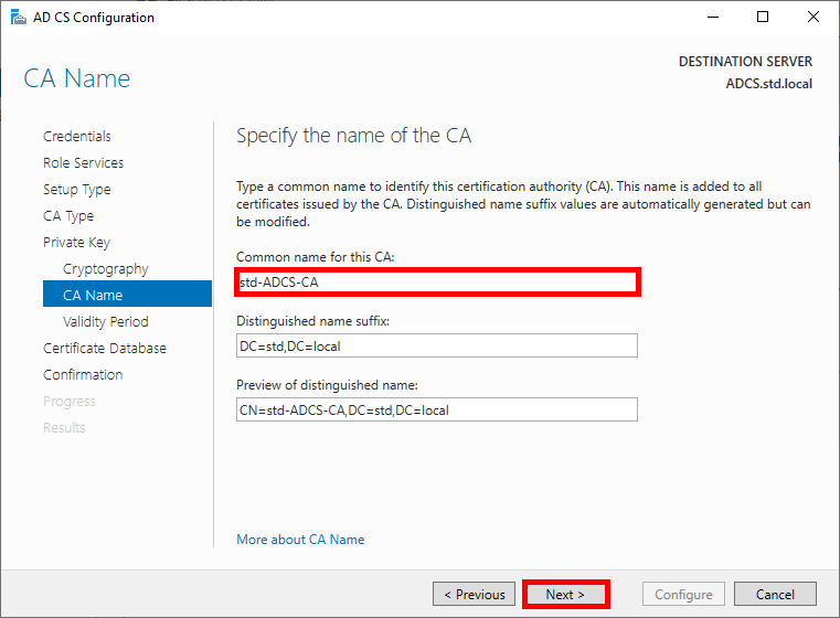 Windows window of the ADCS role configuration when setting the CA name