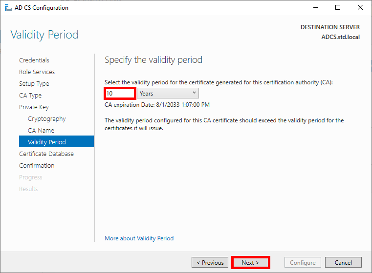 Windows window of ADCS role configuration when setting certificate validity period
