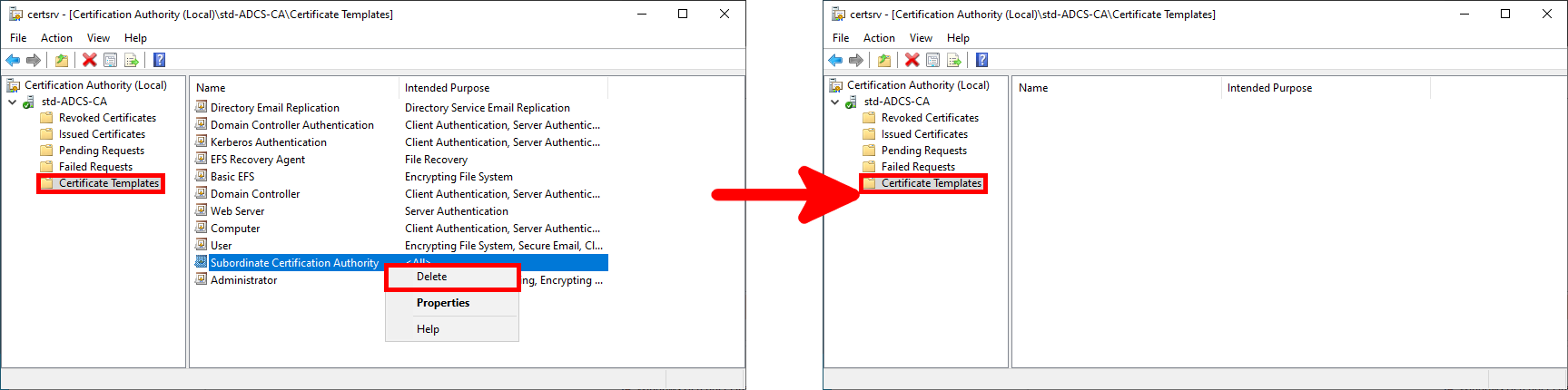 ADCS configuration tool windows when deleting certificate creation templates