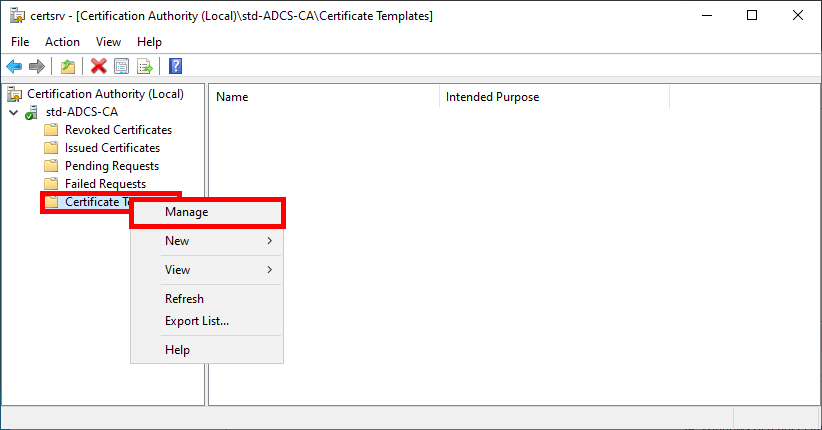 windows window of the ADCS service configuration tool, right-clicking on the certificate templates folder