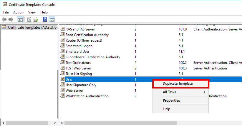 windows for certificate template management when duplicating a user template