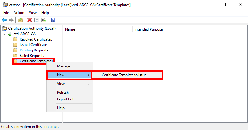 windows of the ADCS configuration tool when requesting the creation of a new certificate model to be issued