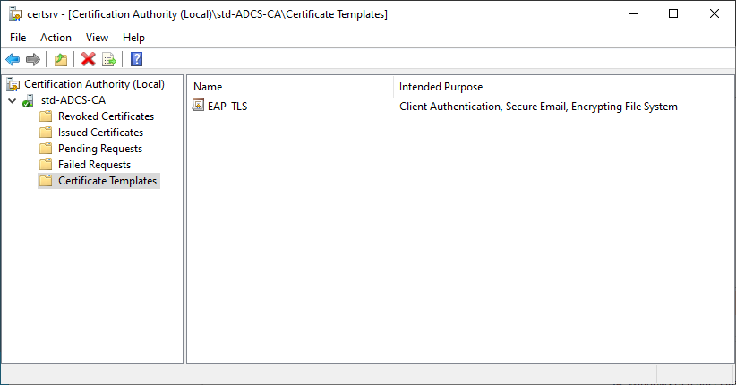 windows window of the ADCS service configuration tool with only the EAP-TLS model in the certificate model folder