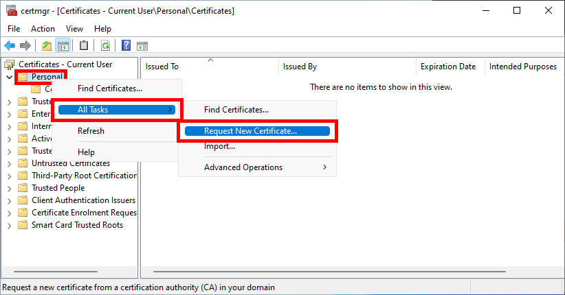 Screenshot of right-clicking on Personal and selecting Request New Certificate in the Certificate Management Console