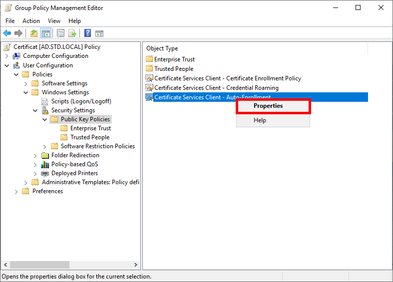 Screenshot of navigating to Certificate Services Client - Auto-Enrollment policy in Group Policy