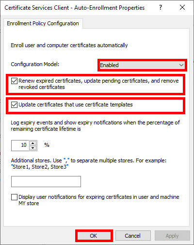 Screenshot of enabling Configuration Model and checking the boxes for automation in Group Policy