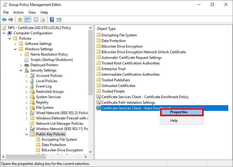 Screenshot of editing the Certificate Services Client - Auto-Enrollment policy
