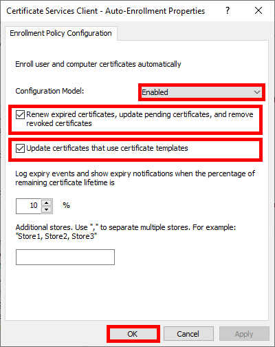 Screenshot of enabling Configuration Model and automating certificate renewal