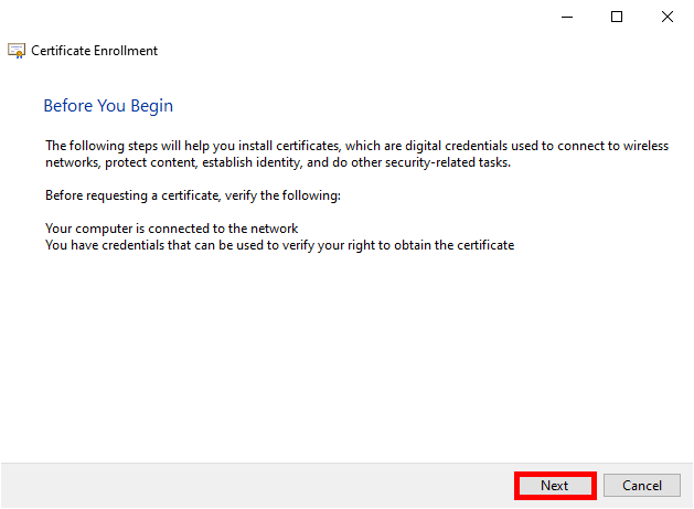 Screenshot of the certificate enrolment process