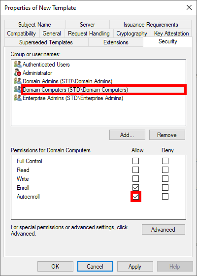 security tab in the windows properties window of a new certificate model