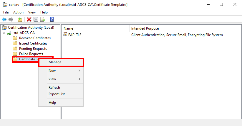 Screenshot of opening the Certificate Templates Console