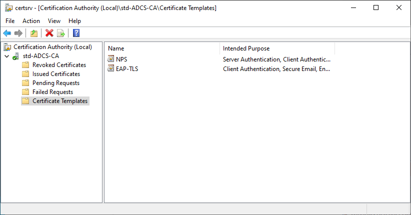 ADCS service configuration tool window with only EAP-TLS and NPS templates in certificate template folder