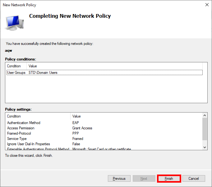 Screenshot of clicking Finish to create the Policy in the Ubiquiti Wi-Fi EAP-TLS setup