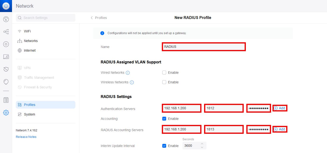 RADIUS profile parameters for the Unifi Server Web interface with the authentication and accounting server
