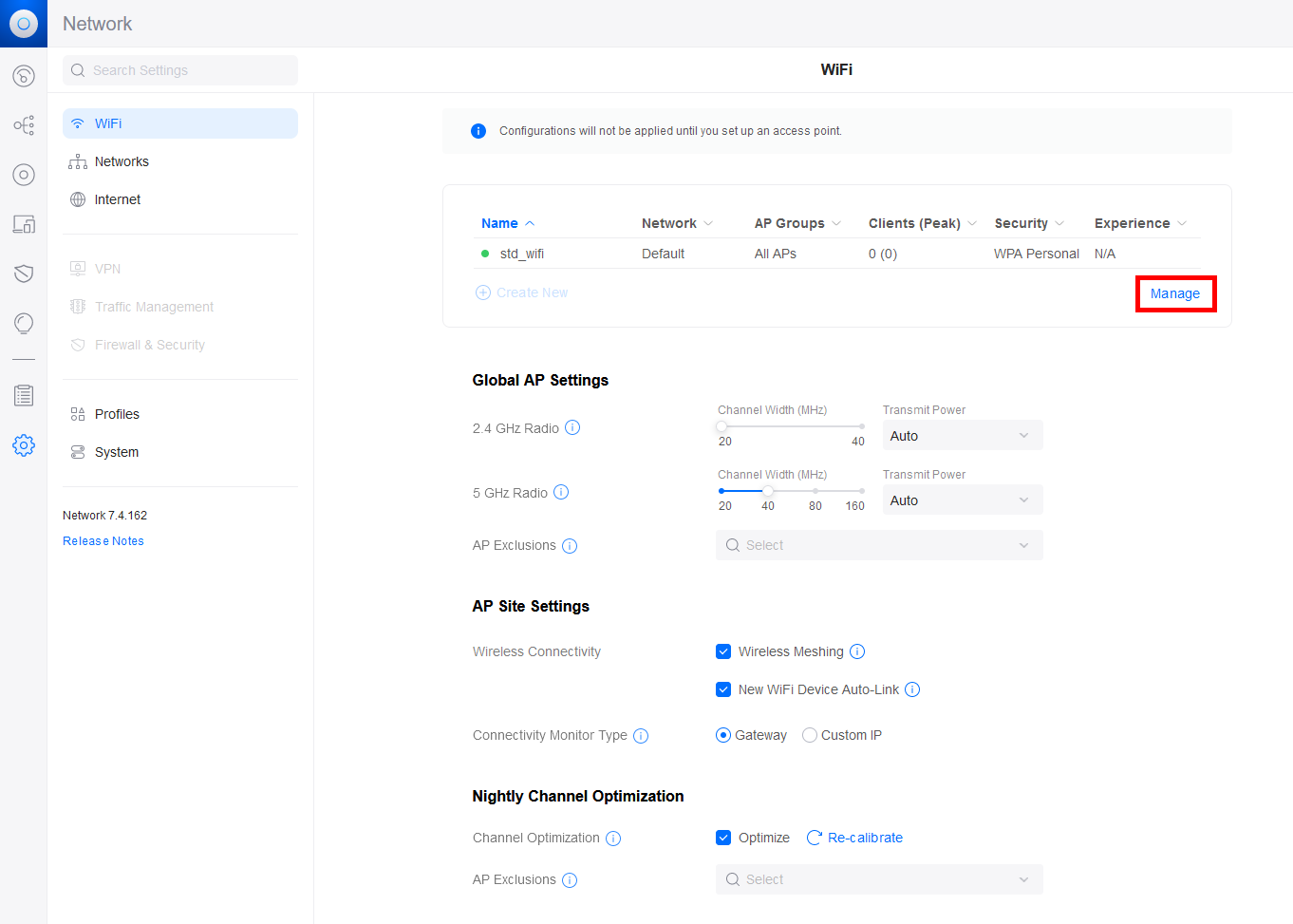 WiFi settings page of the Unifi Server Web interface