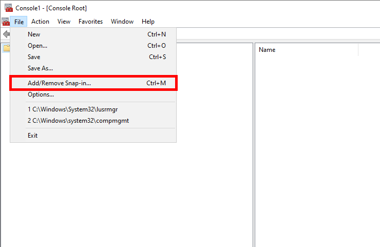 MMC console with 'Add/Remove Snap-in' option selected from the 'File' menu