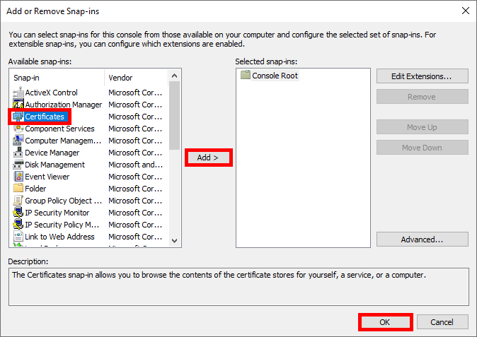 Add or Remove Snap-ins console with the 'Certificates' snap-in being added