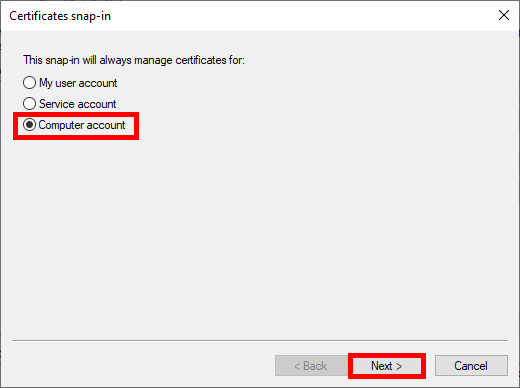 Certificates Snap-in window with 'Computer account' selected