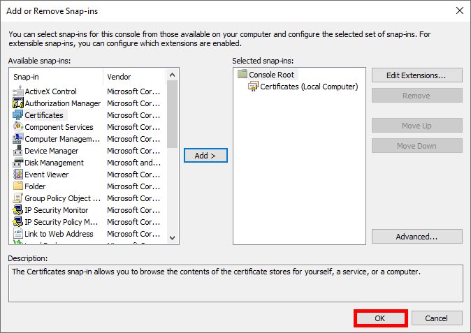 Add or Remove Snap-ins console with the 'Certificates' snap-in has been added