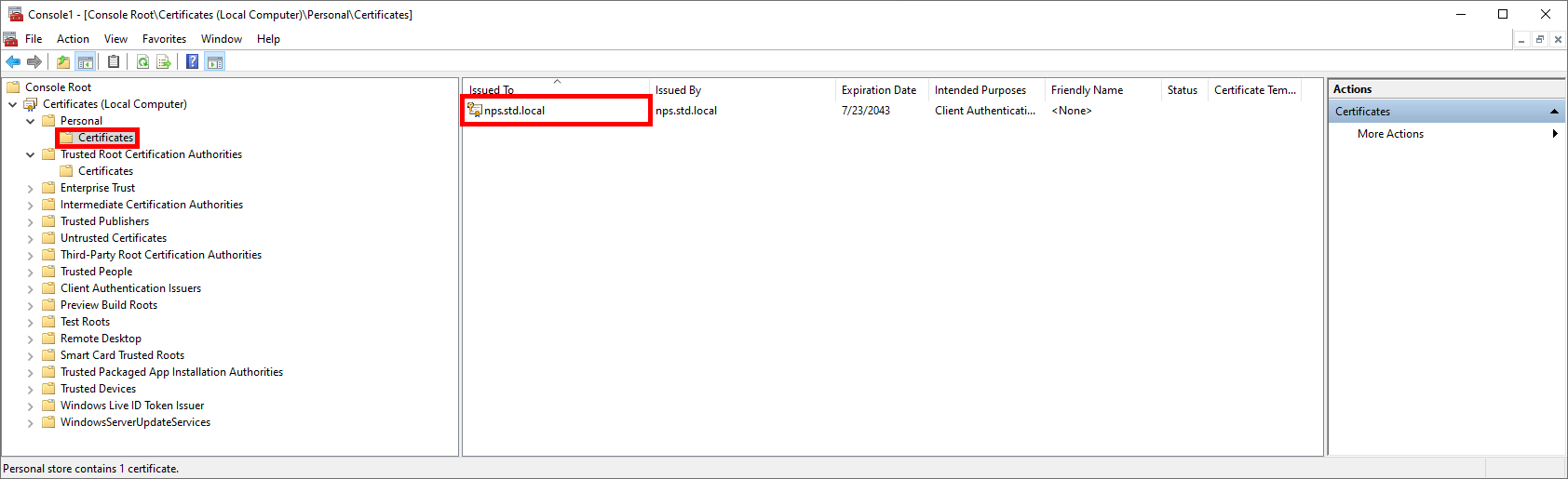 Certificate in Personal Certificates folder of a computer certificate MMC console