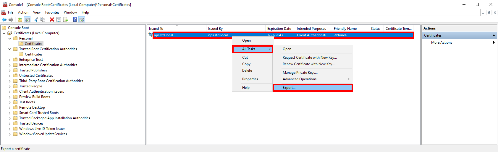 Exporting a certificate in the Personal Certificates folder from a computer certificate MMC console.