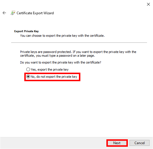 Screen prompting to export the private key in the Certificate Export Wizard.