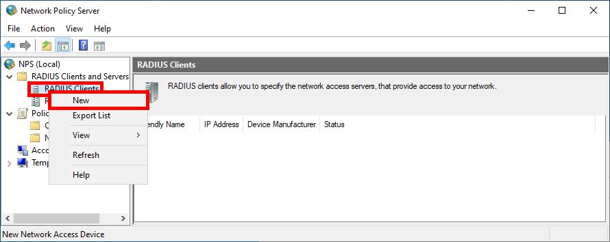 Screenshot of adding a new RADIUS Client in the NPS setup