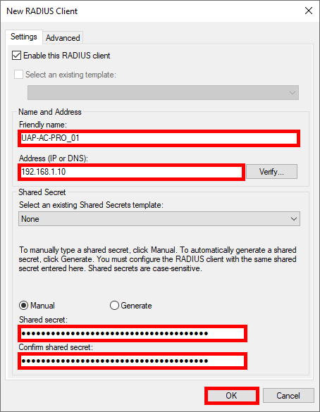 Screenshot of configuring RADIUS Client settings with Name, IP address, and password