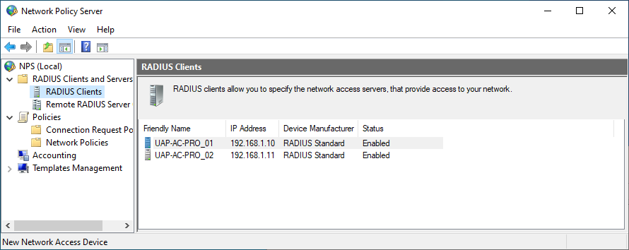 Screenshot of viewing all previously added Access Points in the RADIUS Clients folder