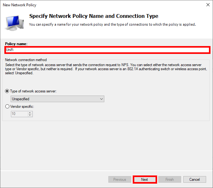 Screenshot of naming the Network Policy in the Ubiquiti Wi-Fi RADIUS setup