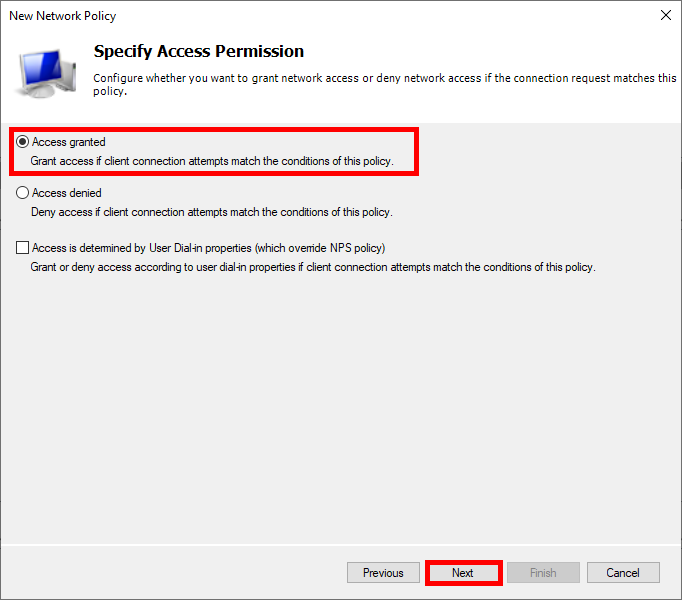 Screenshot of selecting Access granted in the Network Policy setup