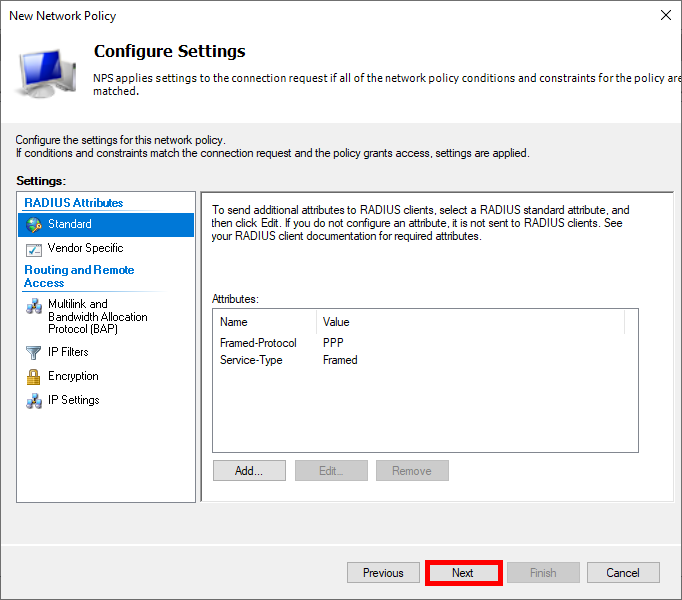 Screenshot of proceeding to the next step in the Network Policy setup