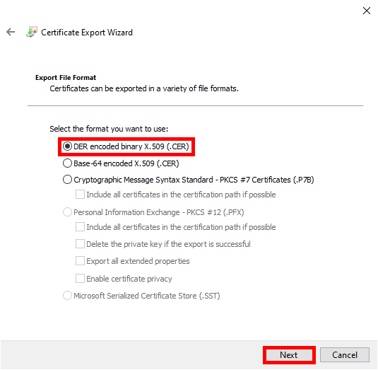 Exporting the certificate in DER format using the Certificate Export Wizard.