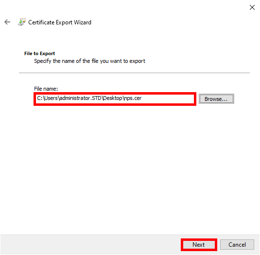 Specifying the path to export the certificate in the Certificate Export Wizard.