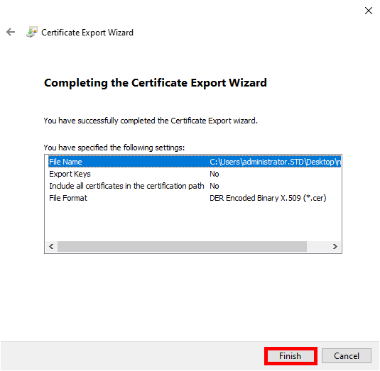 Final step of the Certificate Export Wizard, offering to complete the export