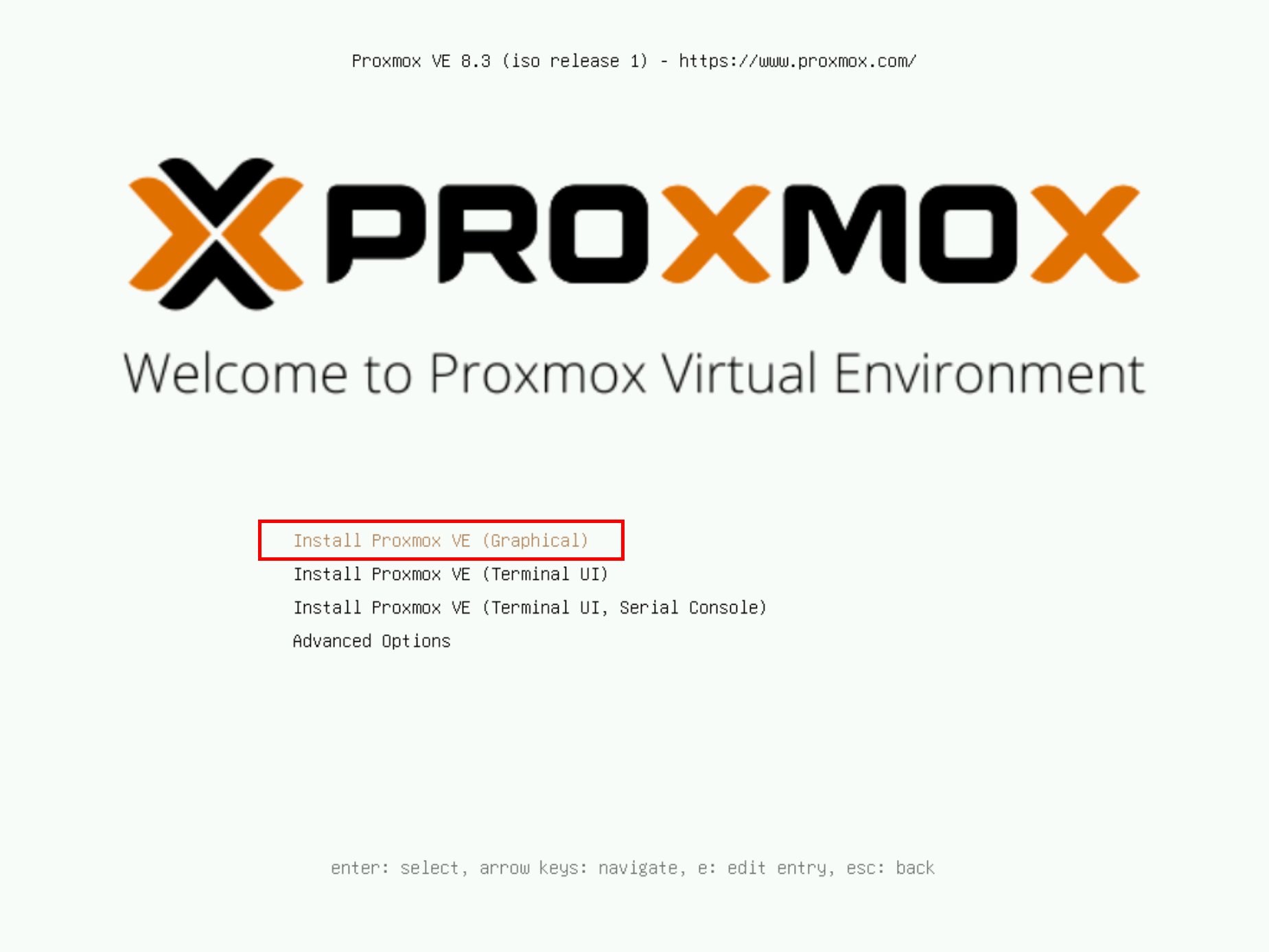 Proxmox VE 8 installation screen with options for graphical and terminal-based installations