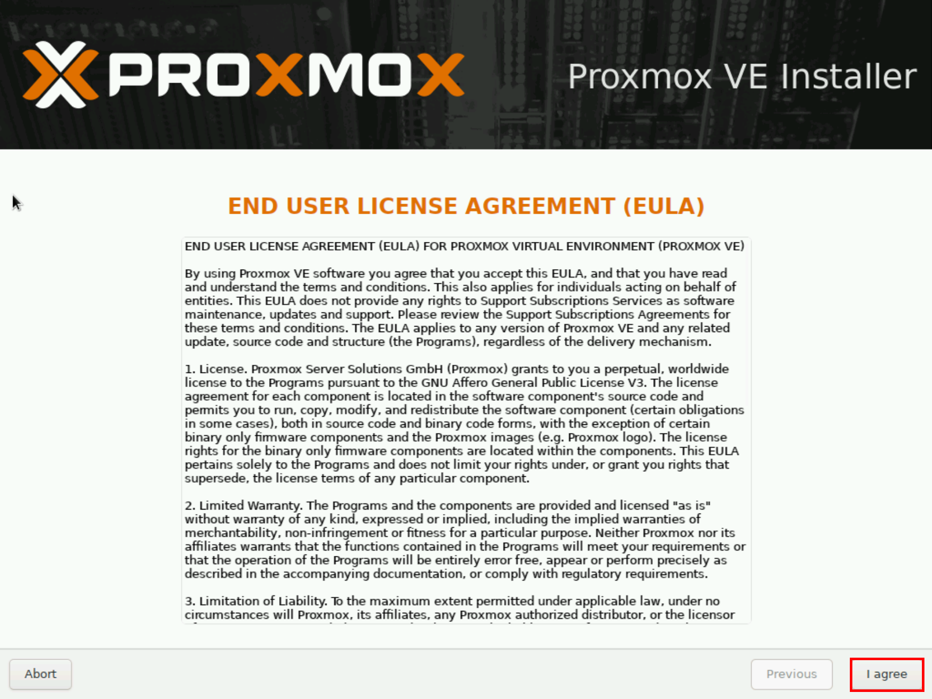 Proxmox VE installer displaying the End User License Agreement (EULA) with accept and abort options