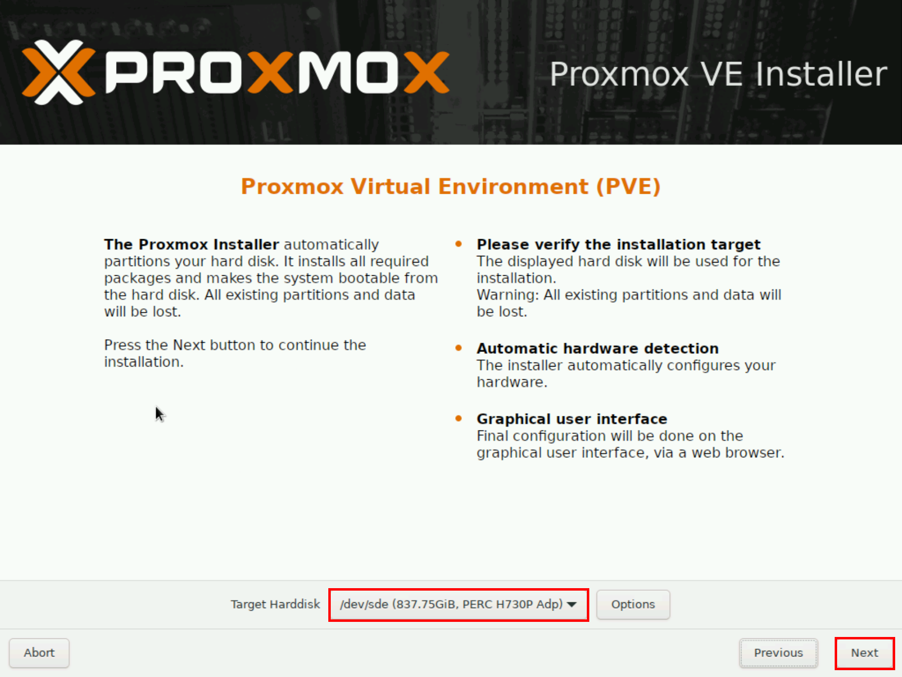 Proxmox VE installer screen showing hard disk selection for installation with Next and Abort buttons