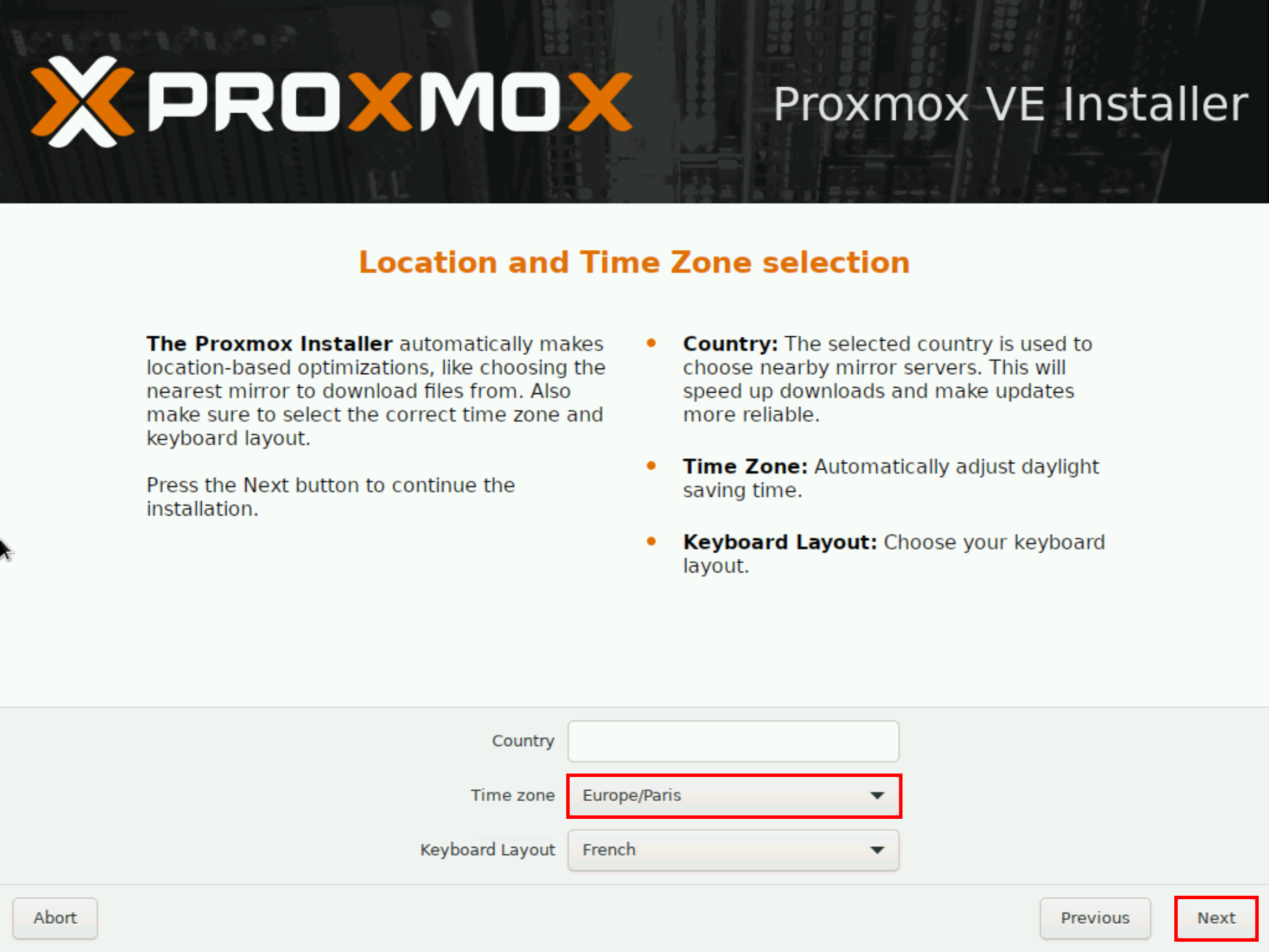 Proxmox VE installer screen for selecting country, time zone, and keyboard layout with Next and Abort buttons