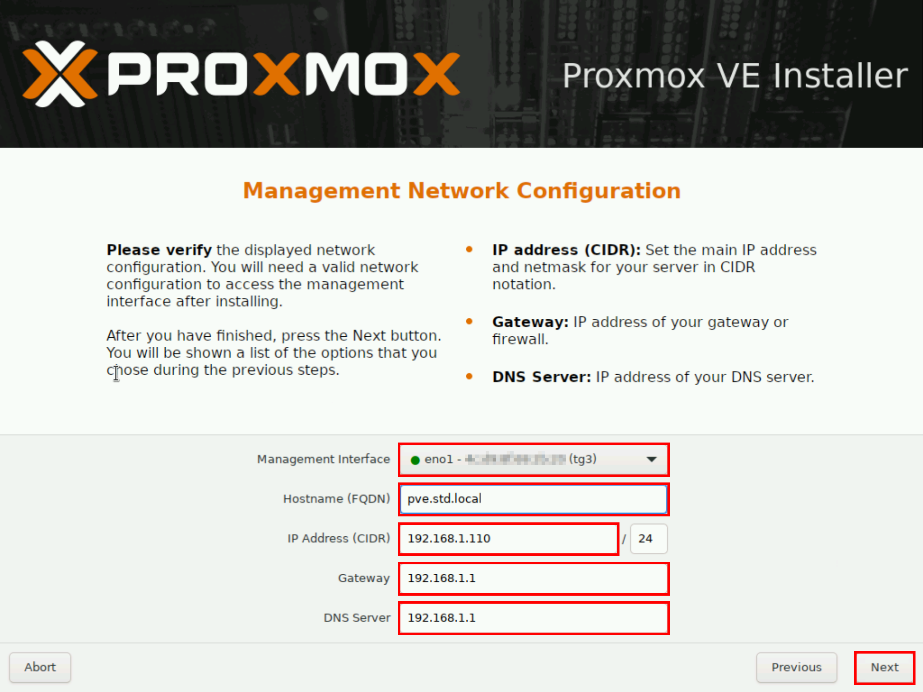 Proxmox VE installer screen for management network configuration, including hostname, IP address, gateway, and DNS server settings