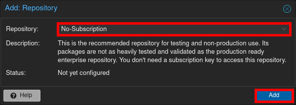 Screenshot of Proxmox VE 8.3 interface showing the selection of the No-Subscription repository before adding it.