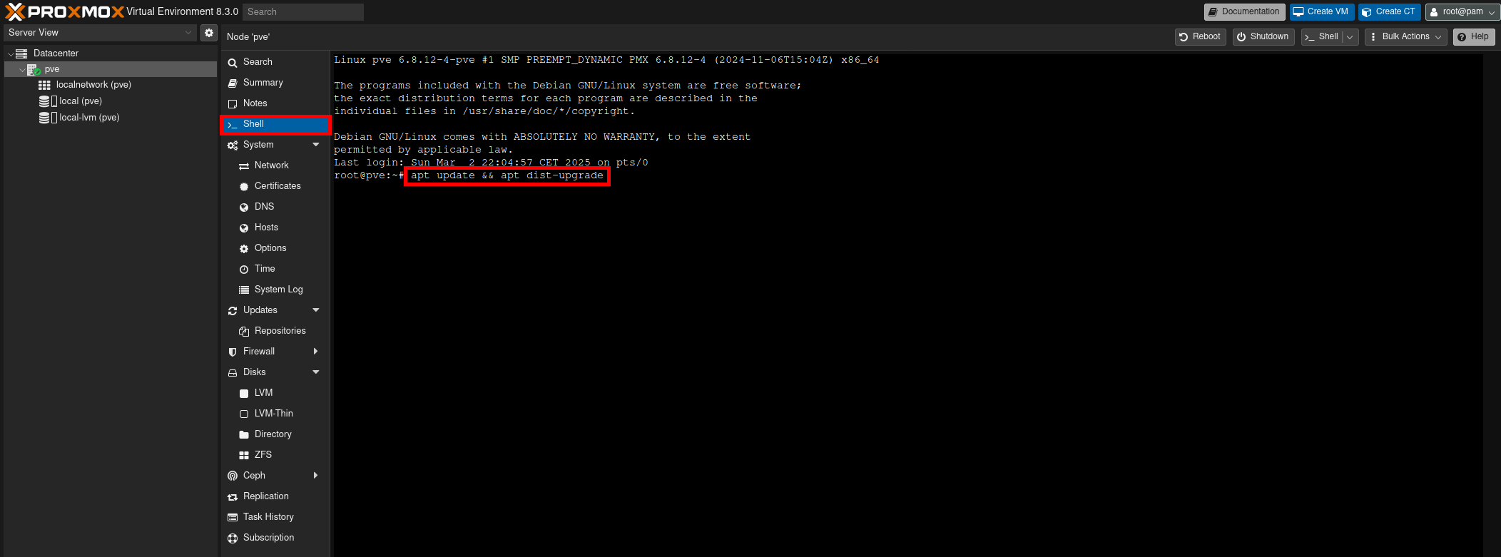 Screenshot of Proxmox VE 8.3 shell interface showing the execution of 'apt update && apt dist-upgrade' to update the system.