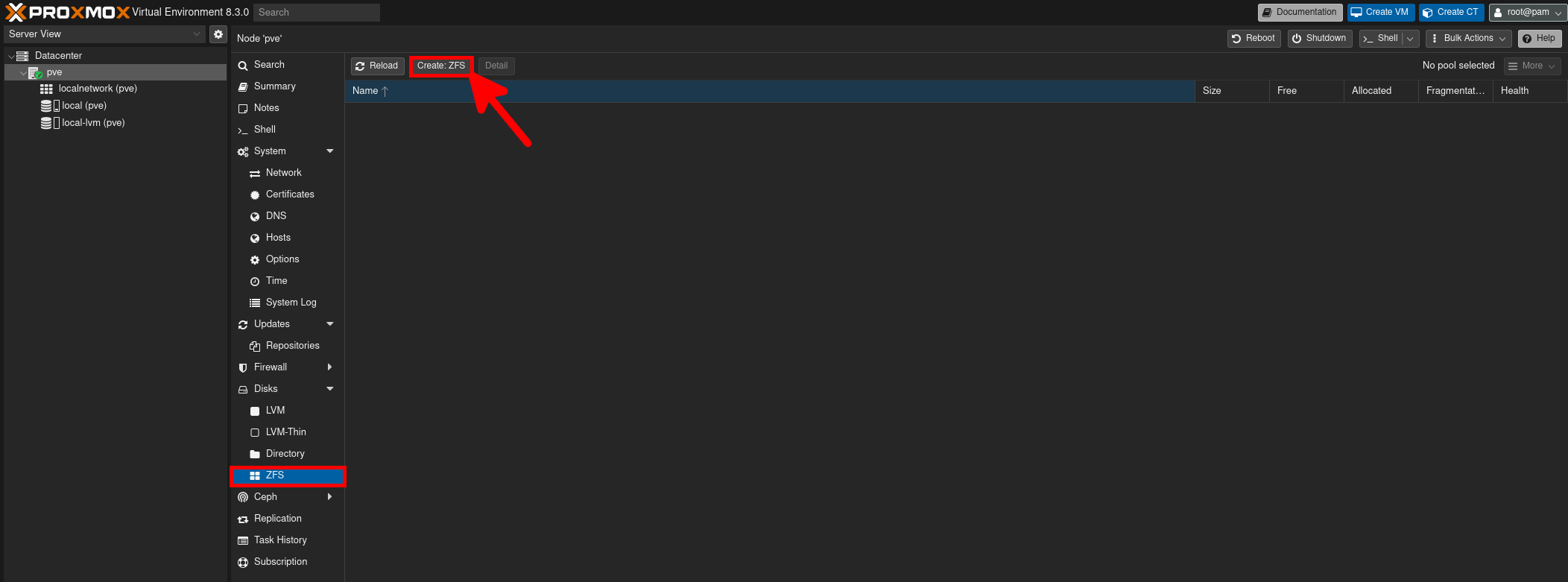 Screenshot of Proxmox VE 8.3 interface showing the option to create a new ZFS storage pool.