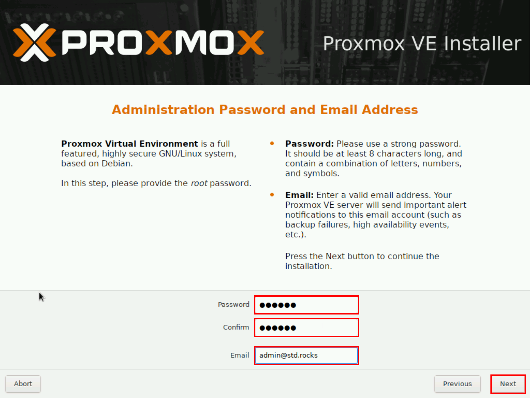 Proxmox VE installer screen for setting the root password and administrator email address with Next and Abort buttons