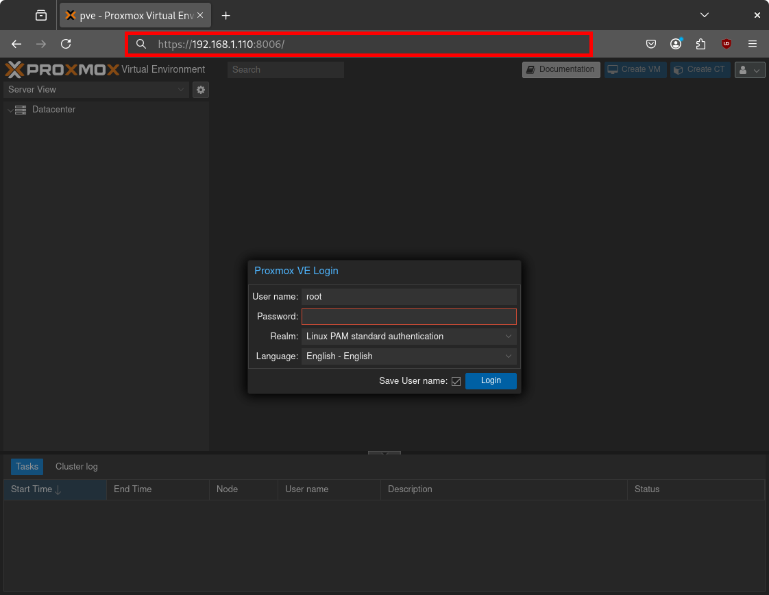 Proxmox VE web interface login screen in a browser, showing the URL and login prompt for root user authentication