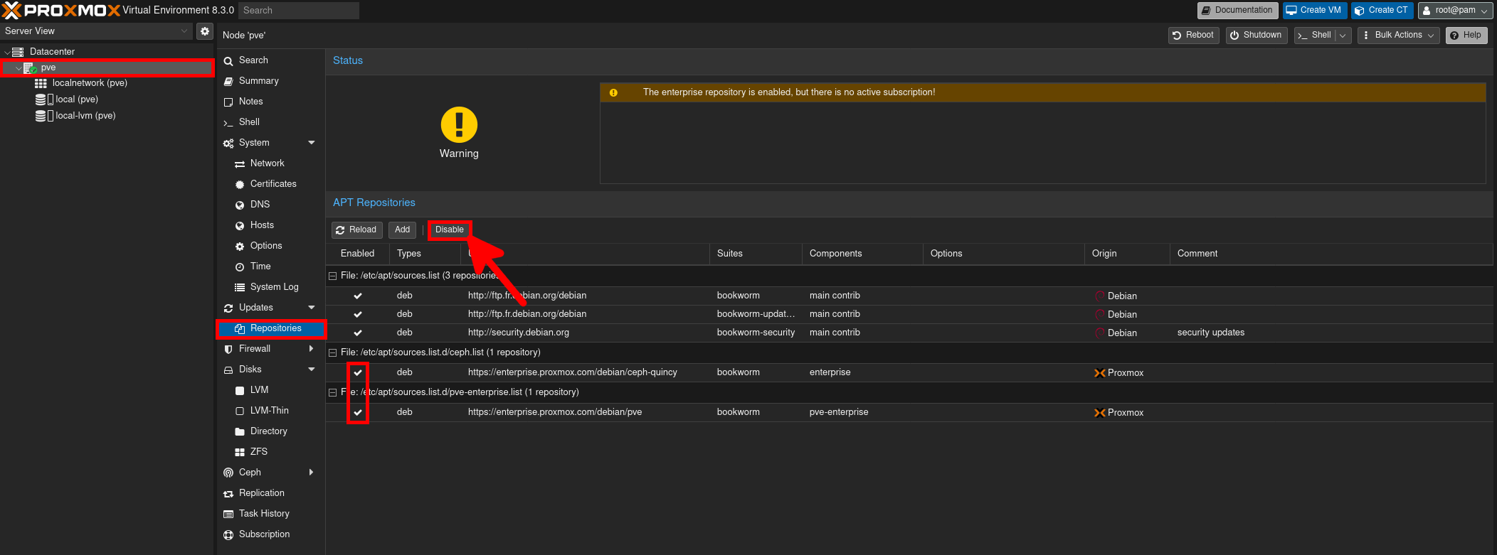 Screenshot of Proxmox VE 8.3 interface showing how to disable enterprise repositories in the APT Repositories menu.