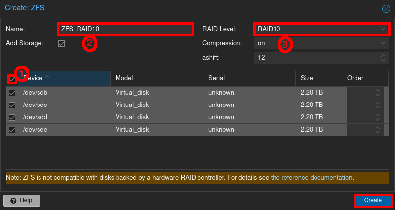 Screenshot of Proxmox VE 8.3 interface showing the configuration of a ZFS RAID10 storage pool with selected disks, RAID level, and compression settings.